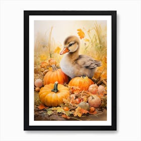 Autumnal Pumpkin Duckling Painting 2 Art Print