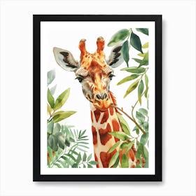 Watercolour Giraffe Head In The Leaves 4 Art Print