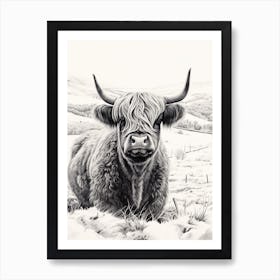 Snowy Highland Cow Stippling Illustration Art Print