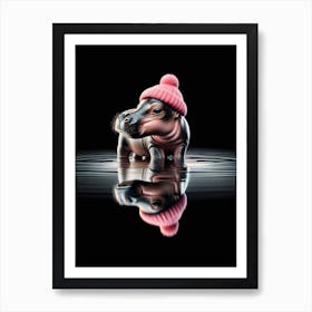 Baby Hippo in pink beanie hat Art Print