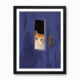 Cat Peeking Out Of A Blue Door Art Print