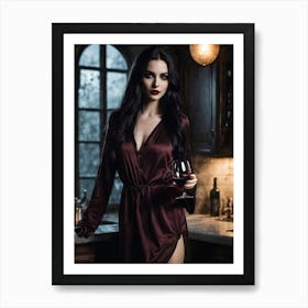 Beautiful vampire woman holding a glass of wine in a modern kitchen Art Print