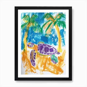 Sea Turtle Palm Tree Scribble 2 Art Print