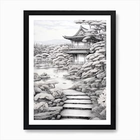 Ritsurin Garden In Kagawa, Ukiyo E Black And White Line Art Drawing 3 Art Print