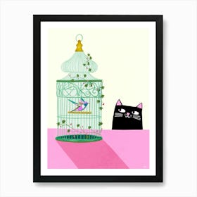 Cat and Hummingbird Art Print