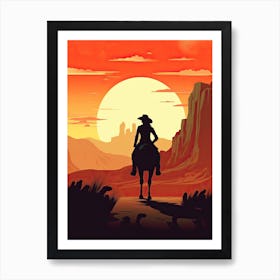 Cowgirl Riding A Horse In The Desert Orange Tones Illustration 2 Art Print