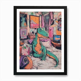 Dinosaur Listening To Music In Their Bedroom Pastel Illustration Art Print