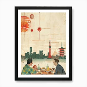 Dinner With The Tokyo Skyline Mid Century Modern Poster