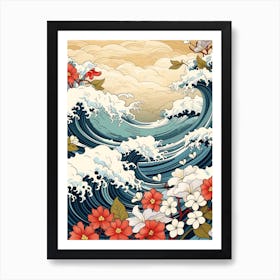 Great Wave With Jasmine Flower Drawing In The Style Of Ukiyo E 2 Art Print