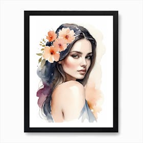 Floral Woman Portrait Watercolor Painting (12) Art Print