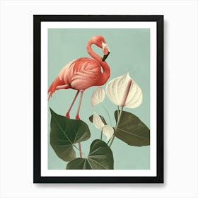 American Flamingo And Anthurium Minimalist Illustration 2 Art Print