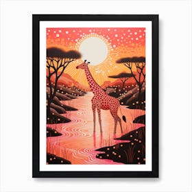 Giraffe In The River At Sunrise 2 Art Print