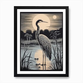 Vintage Bird Linocut Great Blue Heron 2 Art Print