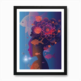 Woman With Fishes And Flowers Art Print