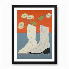 A Painting Of Cowboy Boots With Daisies Flowers, Pop Art Style 6 Art Print