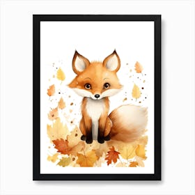 A Fox  Watercolour In Autumn Colours 0 Art Print