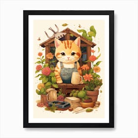 Kawaii Cat Drawings Gardening 2 Art Print