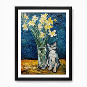 Still Life Of Daffodils With A Cat 3 Art Print