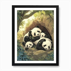 Giant Panda Family Sleeping In A Cave Storybook Illustration 4 Art Print