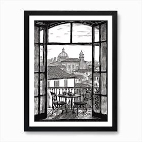 A Window View Of Florence In The Style Of Black And White  Line Art 4 Art Print