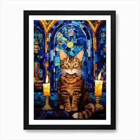 Stained Glass Of Cat With Candles In Medieval Church Art Print