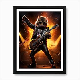 Tabby Cat Poses As A Rockstar Electric Guitar In Paw Onstage With Spotlight Fans As Silhouettes Art Print