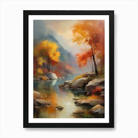 Autumn Lake,Forest Lake, Vintage Oil Painting, Farmhouse Wall Decorations, Antique Landscape, Vintage Landscape Oil Painting.4 6 Art Print