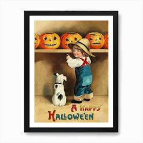 Happy Halloween, Little Boy Is Choosing The Best Pumpkin From A Shelf Art Print