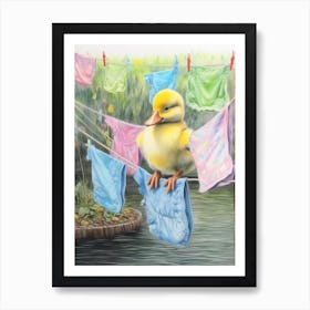 Duckling On The Washing Line Pastel Illustration 2 Art Print