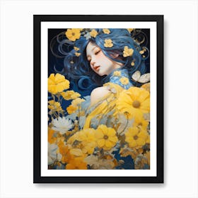 Girl With Blue Hair And Yellow Flowers Art Print