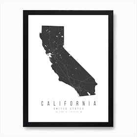 California Mono Black And White Modern Minimal Street Map Art Print