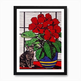 Drawing Of A Still Life Of Poinsettia With A Cat 1 Art Print