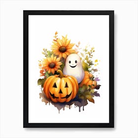 Cute Ghost With Pumpkins Halloween Watercolour 107 Póster