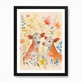 Folksy Floral Animal Drawing Cow 3 Art Print