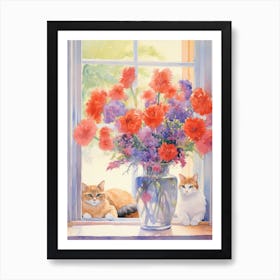 Cat With Poppy Flowers Watercolor Mothers Day Valentines 1 Art Print