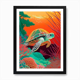 A Single Sea Turtle In Coral Reef, Sea Turtle Retro Illustration 1 Art Print