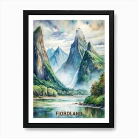 Fiordland National Park Watercolor Painting New Zealand Art Print