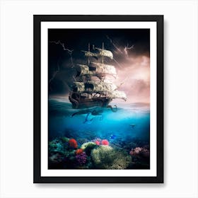 Kraken Attacks Pirate Ship Art Print