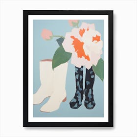 A Painting Of Cowboy Boots With White Flowers, Pop Art Style 16 Art Print