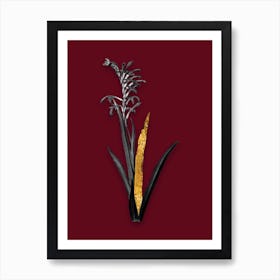 Vintage Antholyza Aethiopica Black and White Gold Leaf Floral Art on Burgundy Red n.0083 Art Print