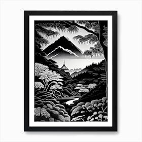 Kairakuen, Japan Linocut Black And White Vintage Art Print