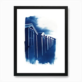 Beach Huts Cyanotype Blue Art Print