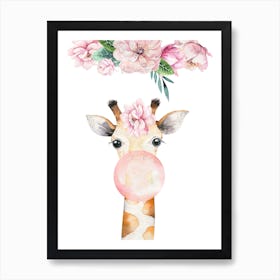 Floral Giraffe Blow Gum Art Print