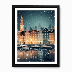 Winter Travel Night Illustration Copenhagen Denmark 4 Art Print