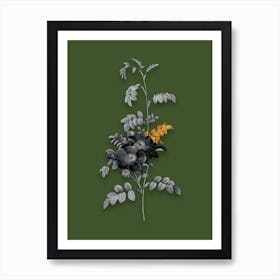 Vintage Alpine Rose Black and White Gold Leaf Floral Art on Olive Green n.1052 Art Print
