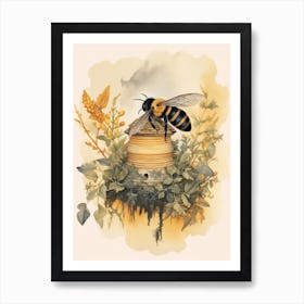 Black And Gold Bumble Bee Beehive Watercolour Illustration 3 Art Print