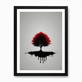 Minimalist Tree with Dripping Roots and Red Leaves Art Print