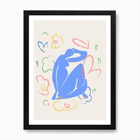 Blue Figure Flowers Art Print