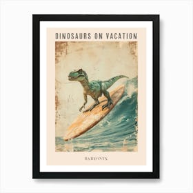 Vintage Baryonyx Dinosaur On A Surf Board 3 Poster Art Print