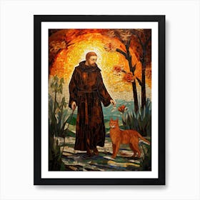 Mosaic Of A Monk & Cat At Sunset Art Print